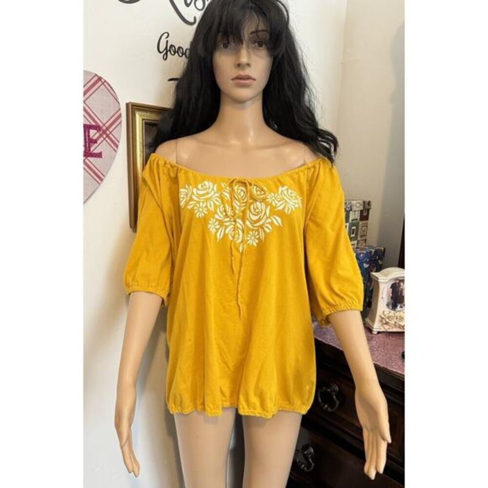 TOP WOMEN Zena Yellow 100% Cotton With Faux Embroidery Womens Shirt size XL